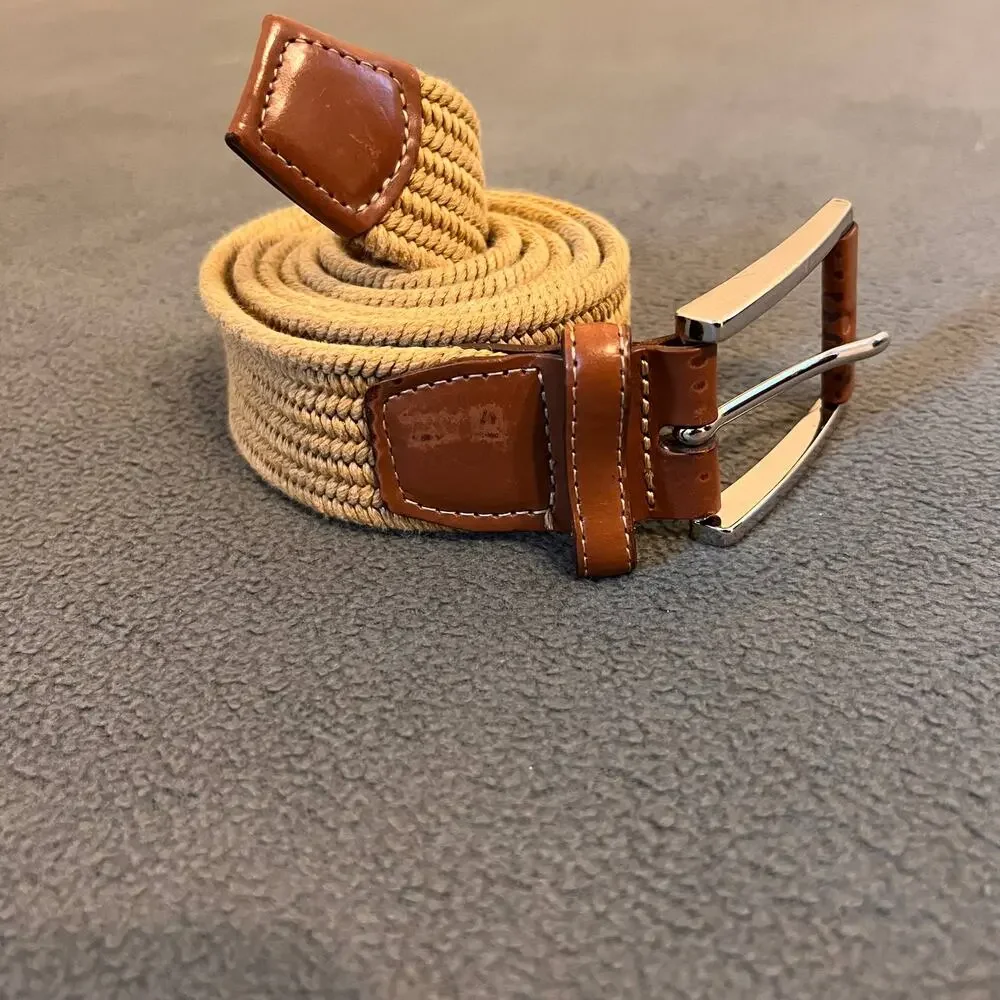 Torino Belt Mens  40-42 Tan Beige Leather Woven Braided Preppy Quiet Luxury USA